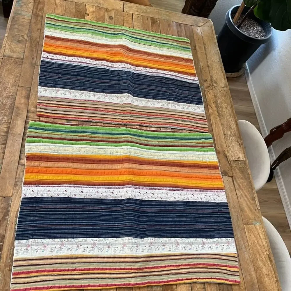Pier One 1 Set of 2 Standard Pillow Shams Quilted Tie Back Colorful Stripes